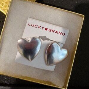 New Lucky Brand Brushed Silvertone Hearts Valentine's Day Earrings with Gift Box